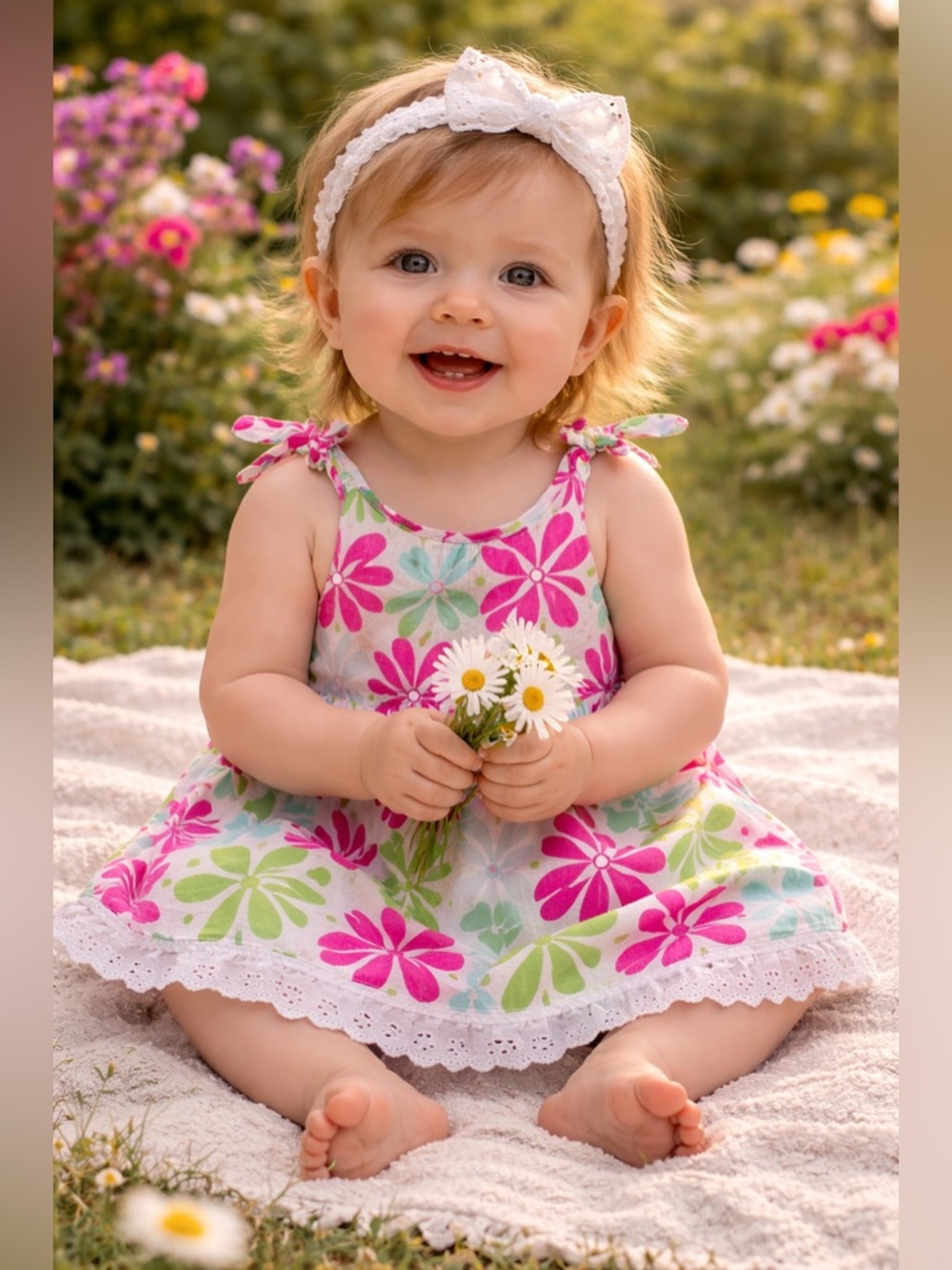 Handmade Baby Girls Floral Sundress 12M Pink Green Retro Tie Shoulder Dress